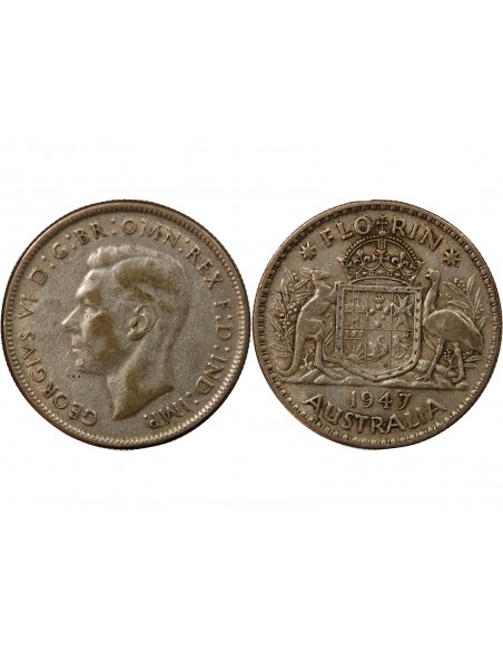 Australie George VI, Roi d'Angleterre, Empereur des Indes Florin Argent 1947 M Melbourne