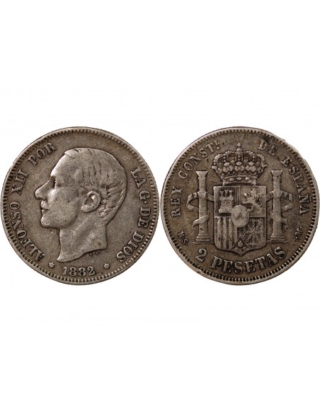 Espagne Alphonse XII d'Espagne 2 pesetas Argent 1882 AI Madrid