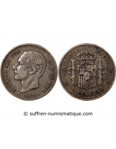 Espagne Alphonse XII d'Espagne 2 pesetas Argent 1882 AI Madrid