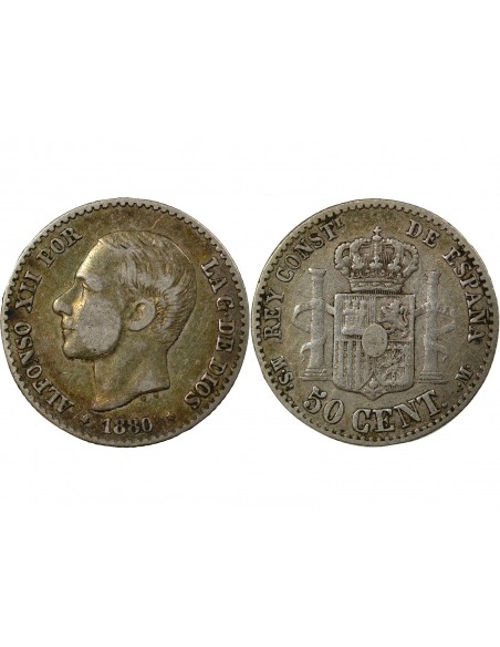 Espagne Alphonse XII d'Espagne 50 Centimos Argent 1880 AI Madrid