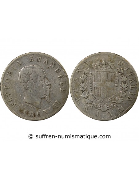 Italie Victor Emmanuel II 2 lire Argent 1863 Naples