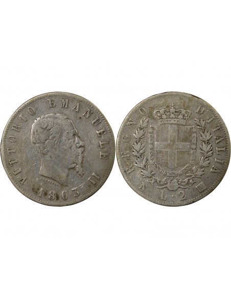 Italie Victor Emmanuel II 2 lire Argent 1863 Naples