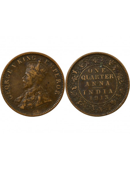 Inde George V, Roi d'Angleterre, Empereur des Indes 1/4 Anna Cuivre 1913 Calcutta
