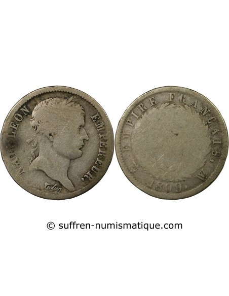 Napoléon Ier, Empereur de France, Roi d'Italie 2 francs Argent 1809 W Lille