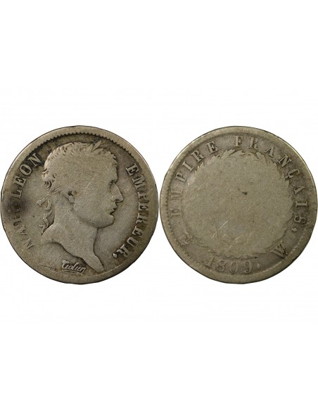 Napoléon Ier, Empereur de France, Roi d'Italie 2 francs Argent 1809 W Lille