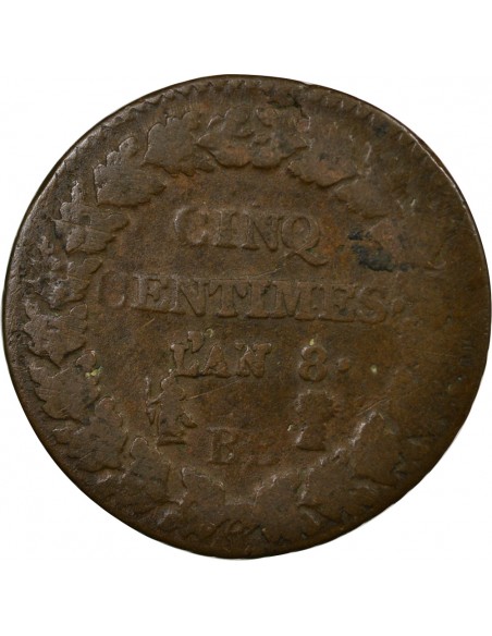 5 centimes Cuivre L'AN 8 BB Strasbourg