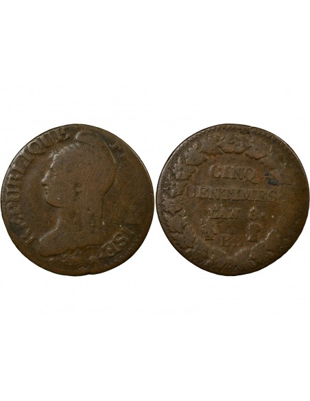 5 centimes Cuivre L'AN 8 BB Strasbourg