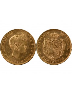 ESPAGNE, ALFONSO XIII - 20 PESETAS OR 1896 REFRAPPE 1962 MADRID 2