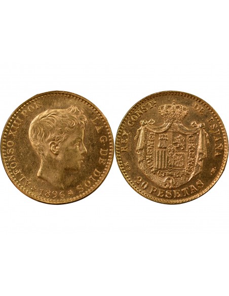 ESPAGNE, ALFONSO XIII - 20 PESETAS OR 1896 REFRAPPE 1962 MADRID