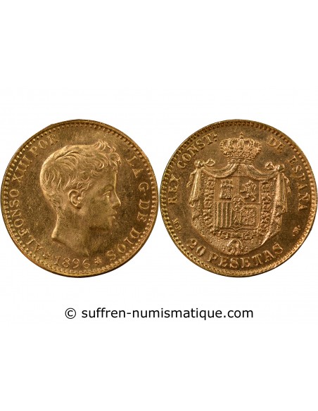 ESPAGNE, ALFONSO XIII - 20 PESETAS OR 1896 REFRAPPE 1962 MADRID