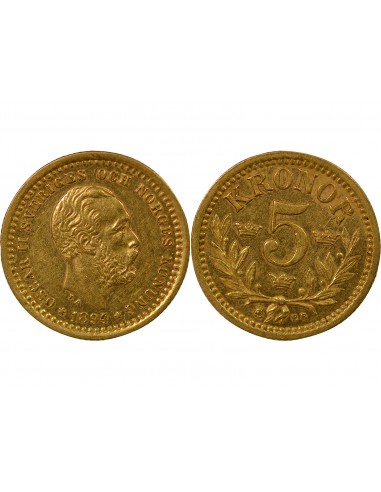 SUÈDE, OSCAR II - 5 KRONOR OR 1894