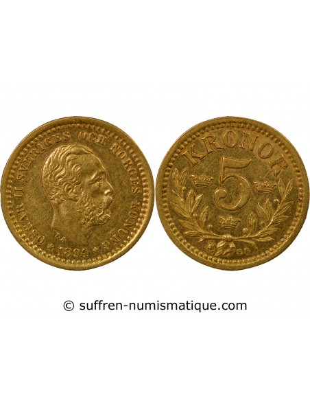 SUÈDE, OSCAR II - 5 KRONOR OR 1894