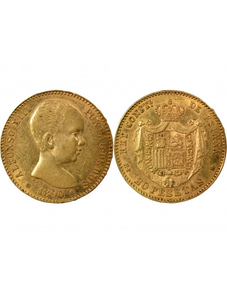 ESPAGNE, ALPHONSE XIII - 20 PESETAS OR 1890 MADRID