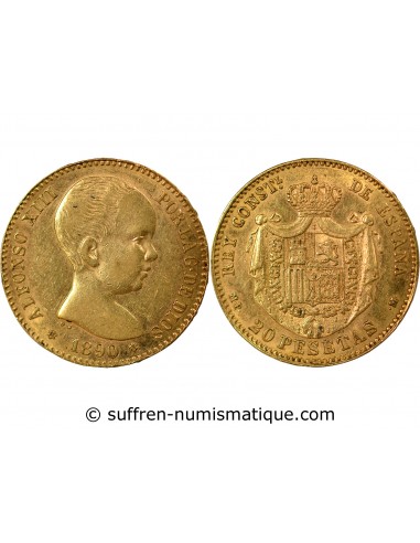 ESPAGNE, ALPHONSE XIII - 20 PESETAS OR 1890 MADRID