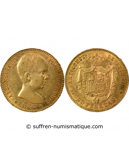 ESPAGNE, ALPHONSE XIII - 20 PESETAS OR 1890 MADRID