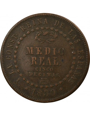 Espagne Isabelle II, Reine Espagnol 1/2 real Cuivre 1850 Aqu Ségovia (Aqueduc)