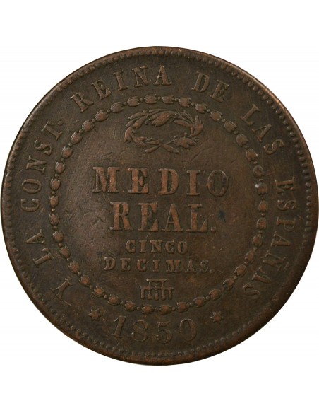 Espagne Isabelle II, Reine Espagnol 1/2 real Cuivre 1850 Aqu Ségovia (Aqueduc)