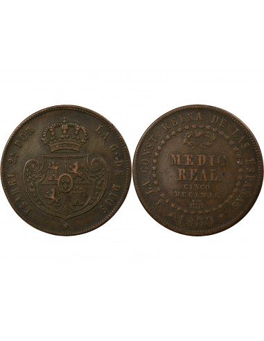 Espagne Isabelle II, Reine Espagnol 1/2 real Cuivre 1850 Aqu Ségovia (Aqueduc)