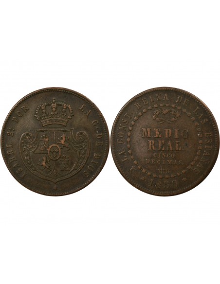 Espagne Isabelle II, Reine Espagnol 1/2 real Cuivre 1850 Aqu Ségovia (Aqueduc)