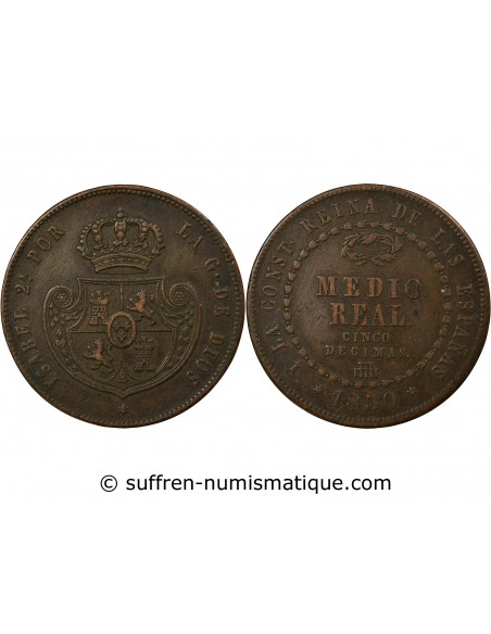Espagne Isabelle II, Reine Espagnol 1/2 real Cuivre 1850 Aqu Ségovia (Aqueduc)
