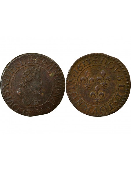 Louis XIII 1 double tournois Cuivre 1613/1 T Nantes