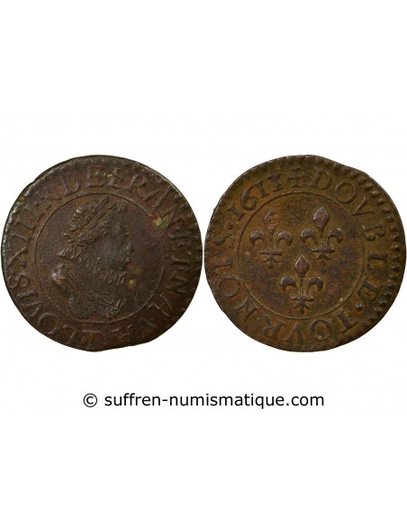 Louis XIII 1 double tournois Cuivre 1613/1 T Nantes