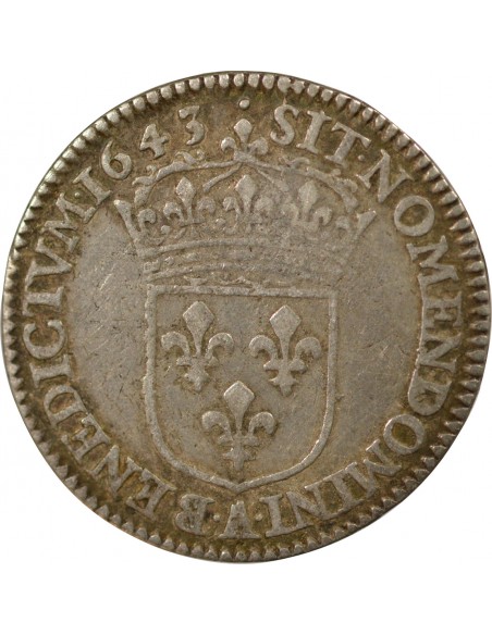 LOUIS XIV﻿ - 1/12 ECU ARGENT A LA MECHE COURTE 1643 A PARIS LOUVRE