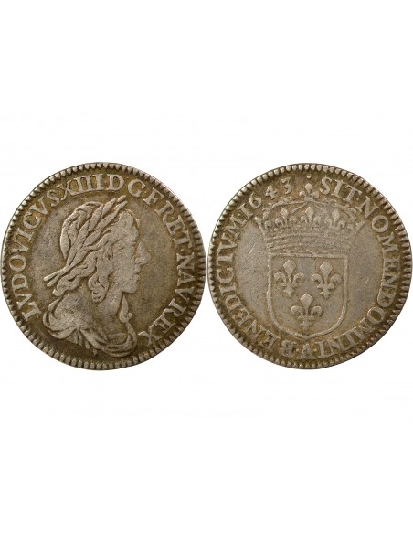 LOUIS XIV﻿ - 1/12 ECU ARGENT A LA MECHE COURTE 1643 A PARIS LOUVRE