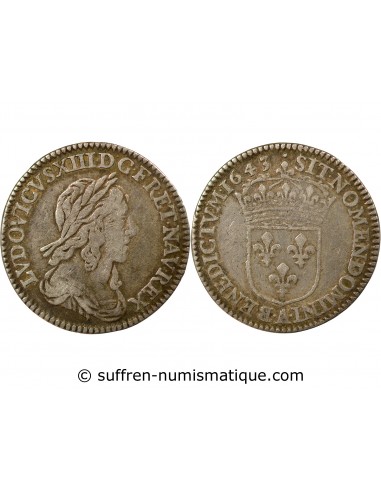 LOUIS XIV﻿ - 1/12 ECU ARGENT A LA MECHE COURTE 1643 A PARIS LOUVRE