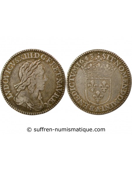 LOUIS XIV﻿ - 1/12 ECU ARGENT A LA MECHE COURTE 1643 A PARIS LOUVRE