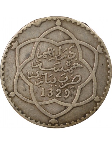 Maroc Abdelhafid 5 dirhams Argent 1329 (1911) A Paris