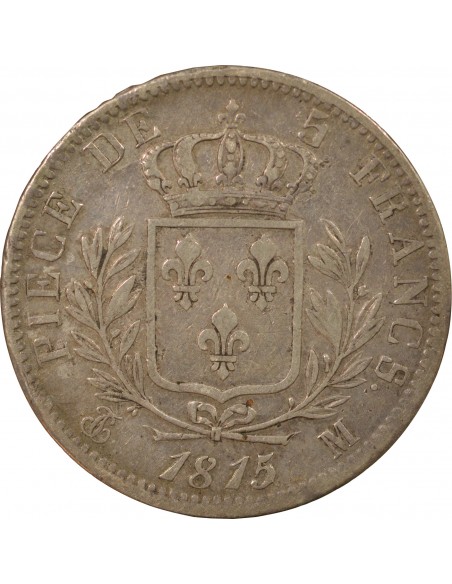 LOUIS XVIII - 5 FRANCS ARGENT, BUSTE HABILLE - 1815, M TOULOUSE