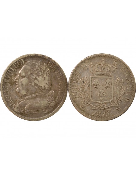 LOUIS XVIII - 5 FRANCS ARGENT, BUSTE HABILLE - 1815, M TOULOUSE