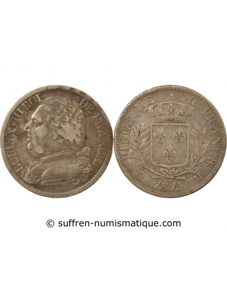 LOUIS XVIII - 5 FRANCS ARGENT, BUSTE HABILLE - 1815, M TOULOUSE