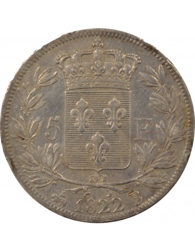 LOUIS XVIII - 5 FRANCS ARGENT, TÊTE NUE - 1822 B ROUEN