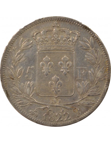 LOUIS XVIII - 5 FRANCS ARGENT, TÊTE NUE - 1822 B ROUEN