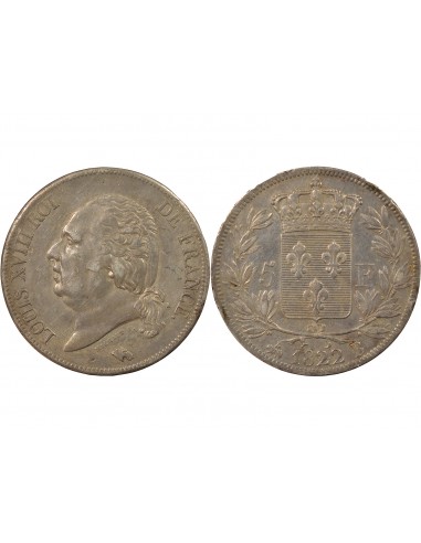 LOUIS XVIII - 5 FRANCS ARGENT, TÊTE NUE - 1822 B ROUEN
