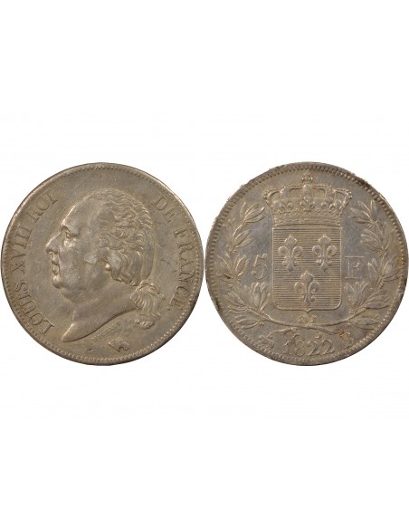 LOUIS XVIII - 5 FRANCS ARGENT, TÊTE NUE - 1822 B ROUEN