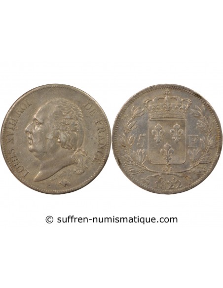 LOUIS XVIII - 5 FRANCS ARGENT, TÊTE NUE - 1822 B ROUEN