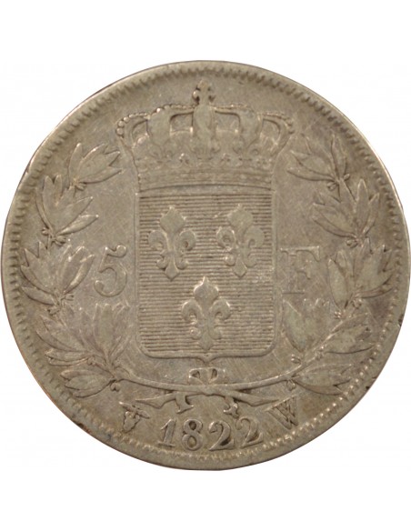 LOUIS XVIII - 5 FRANCS ARGENT 1822 W LILLE