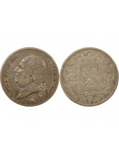 LOUIS XVIII - 5 FRANCS ARGENT 1822 W LILLE