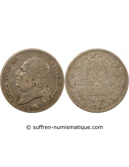 LOUIS XVIII - 5 FRANCS ARGENT 1822 W LILLE