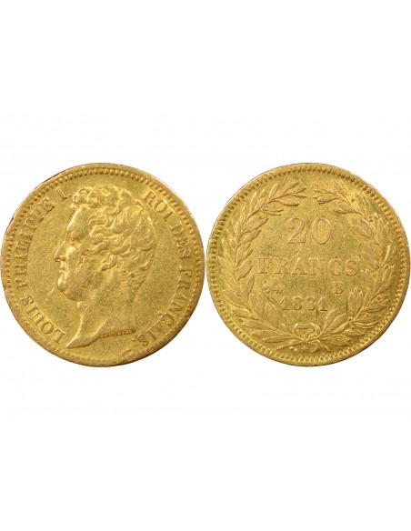 LOUIS PHILIPPE﻿ Ier - 20 FRANCS OR 1831 B ROUEN Tranche en creux