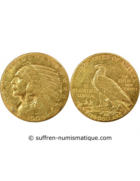 ETATS UNIS - 5 DOLLARS OR INDIAN HEAD - 1909 D DENVER