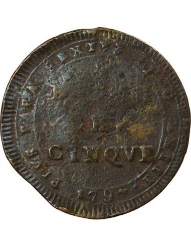 Vatican Pape Pie VI 5 baiocchi Cuivre 1797