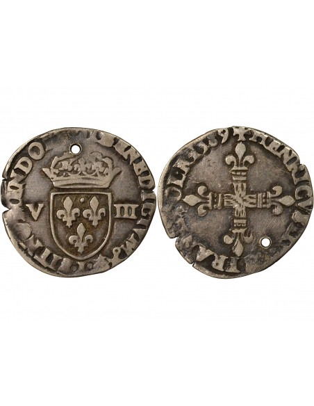 HENRI III - 1/8 ECU ARGENT 1589 T NANTES