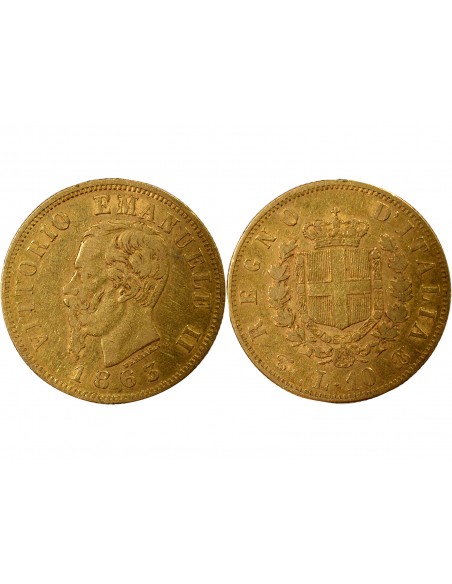 ITALIE, VICTOR-EMMANUEL II - 10 LIRE OR 1863 T BN
