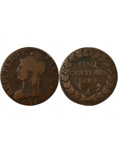 Dupré Grand Module 5 Centimes Cuivre An 5 A Paris