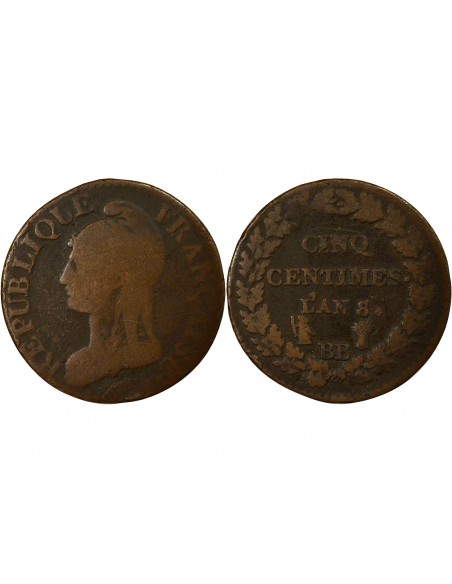 Dupré Grand Module 5 Centimes Cuivre An 8/6 BB Strasbourg