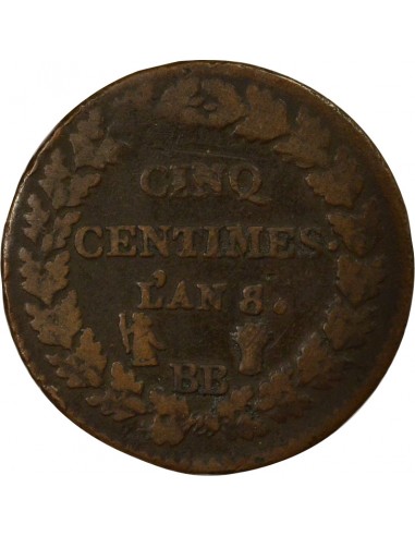 Dupré Grand Module 5 Centimes Cuivre An 8/6 BB Strasbourg